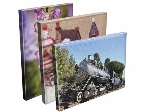 Three stacked canvas art prints including a black steam train, a cake painting, and floral artwork — showcasing canvas printing services in New Orleans.