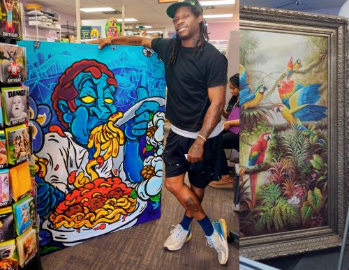 New Orleans artist posing with large colorful canvas painting beside a detailed framed jungle artwork — highlighting large format art printing and shipping.