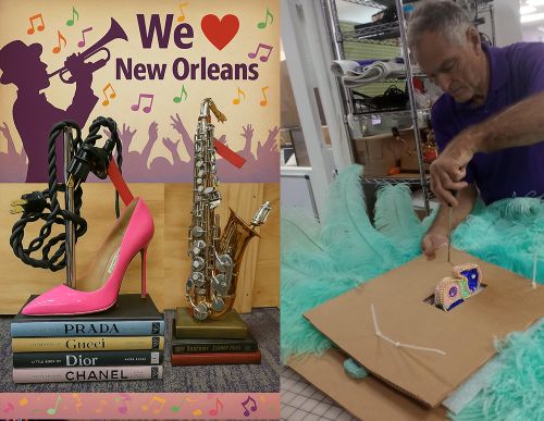 Packing a delicate Mardi Gras feather costume accessory with care — specialty art shipping for fragile and irregular shapes.