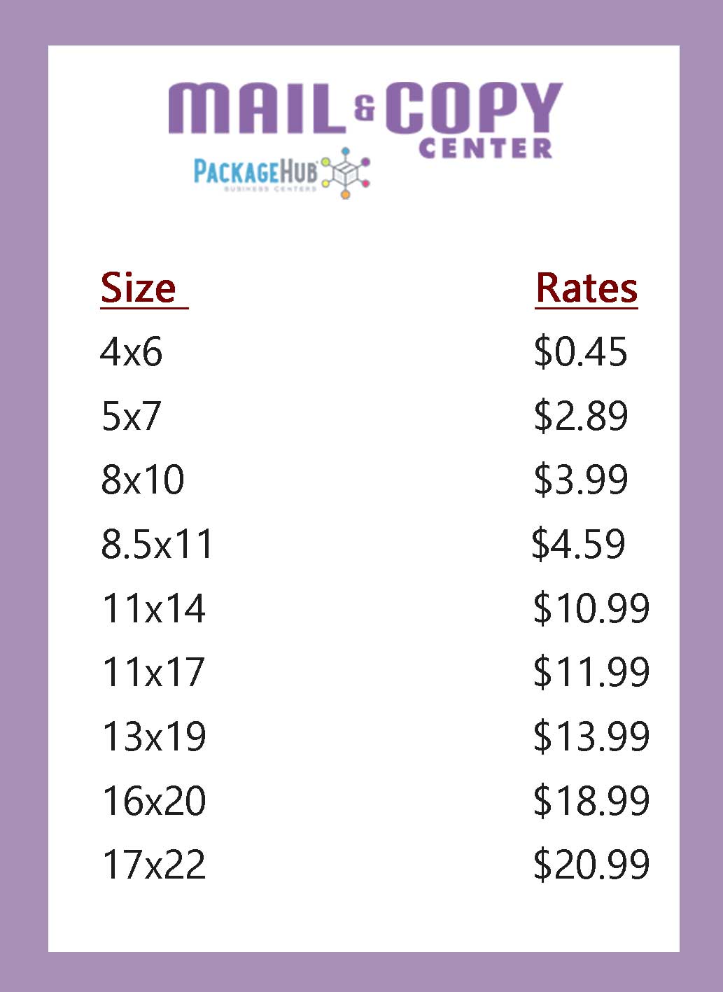 Photo prinitng prices at Gentilly Mail and Copy center