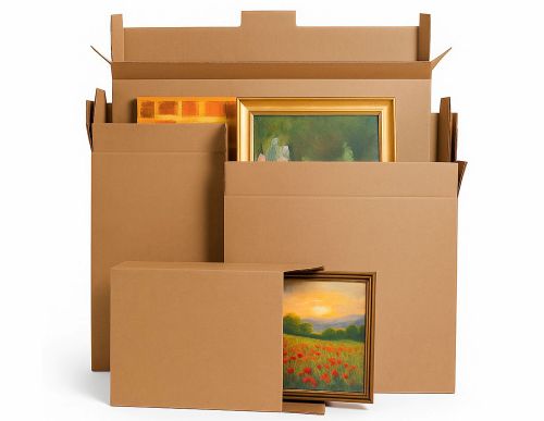 Various sizes of flat shipping boxes holding framed artwork — secure art packaging and nationwide shipping services