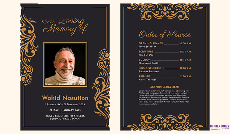 A funeral flyer printed by gentilly mail and copy center. 